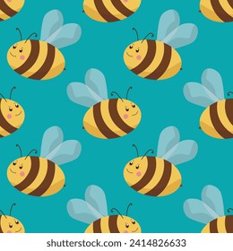 Seamless pattern with bees on color background. Small wasp. Vector illustration. Adorable cartoon character. Template design for invitation, cards, textile, fabric. Doodle style.