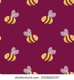 Seamless pattern with bees on color background. Small wasp. Vector illustration. Adorable cartoon character. Template design for invitation, cards, textile, fabric. Doodle style.