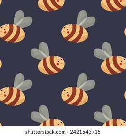 Seamless pattern with bees on color background. Small wasp. Vector illustration. Adorable cartoon character. Template design for invitation, cards, textile, fabric. Doodle style.
