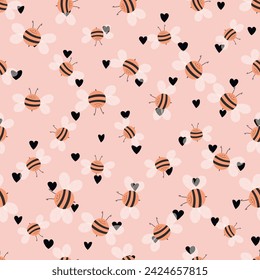 Seamless pattern with bees on color background. Small wasp. Vector illustration. Adorable cartoon character. Template design for invitation, cards, textile, fabric. Doodle style.