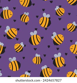 Seamless pattern with bees on color background. Small wasp. Vector illustration. Adorable cartoon character. Template design for invitation, cards, textile, fabric. Doodle style.