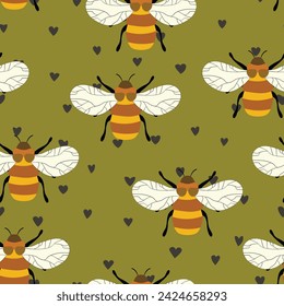 Seamless pattern with bees on color background. Small wasp. Vector illustration. Adorable cartoon character. Template design for invitation, cards, textile, fabric. Doodle style.