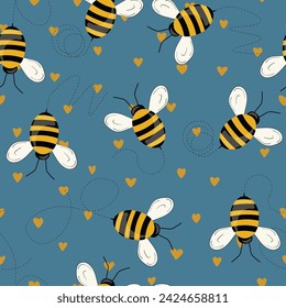 Seamless pattern with bees on color background. Small wasp. Vector illustration. Adorable cartoon character. Template design for invitation, cards, textile, fabric. Doodle style.