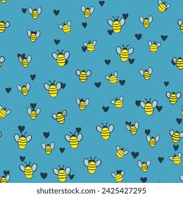 Seamless pattern with bees on color background. Small wasp. Vector illustration. Adorable cartoon character. Template design for invitation, cards, textile, fabric. Doodle style.