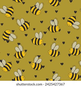 Seamless pattern with bees on color background. Small wasp. Vector illustration. Adorable cartoon character. Template design for invitation, cards, textile, fabric. Doodle style.
