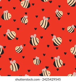 Seamless pattern with bees on color background. Small wasp. Vector illustration. Adorable cartoon character. Template design for invitation, cards, textile, fabric. Doodle style.