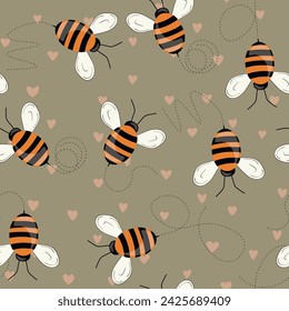 Seamless pattern with bees on color background. Small wasp. Vector illustration. Adorable cartoon character. Template design for invitation, cards, textile, fabric. Doodle style.