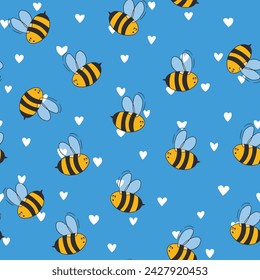 Seamless pattern with bees on color background. Small wasp. Vector illustration. Adorable cartoon character. Template design for invitation, cards, textile, fabric. Doodle style.