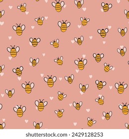 Seamless pattern with bees on color background. Small wasp. Vector illustration. Adorable cartoon character. Template design for invitation, cards, textile, fabric. Doodle style.