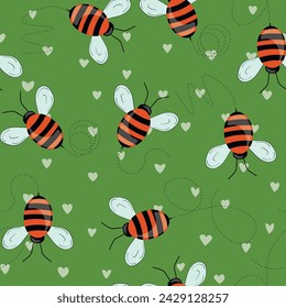 Seamless pattern with bees on color background. Small wasp. Vector illustration. Adorable cartoon character. Template design for invitation, cards, textile, fabric. Doodle style.
