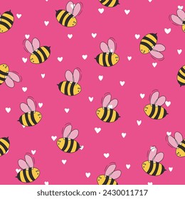 Seamless pattern with bees on color background. Small wasp. Vector illustration. Adorable cartoon character. Template design for invitation, cards, textile, fabric. Doodle style.
