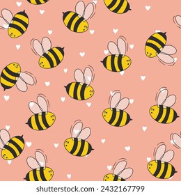 Seamless pattern with bees on color background. Small wasp. Vector illustration. Adorable cartoon character. Template design for invitation, cards, textile, fabric. Doodle style.