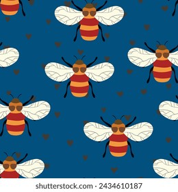 Seamless pattern with bees on color background. Small wasp. Vector illustration. Adorable cartoon character. Template design for invitation, cards, textile, fabric. Doodle style.