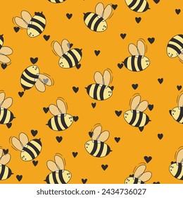 Seamless pattern with bees on color background. Small wasp. Vector illustration. Adorable cartoon character. Template design for invitation, cards, textile, fabric. Doodle style.