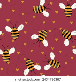 Seamless pattern with bees on color background. Small wasp. Vector illustration. Adorable cartoon character. Template design for invitation, cards, textile, fabric. Doodle style.