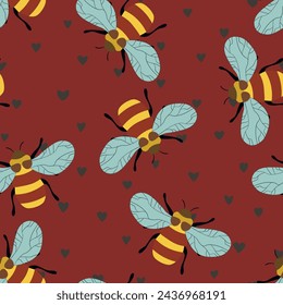 Seamless pattern with bees on color background. Small wasp. Vector illustration. Adorable cartoon character. Template design for invitation, cards, textile, fabric. Doodle style.