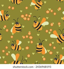 Seamless pattern with bees on color background. Small wasp. Vector illustration. Adorable cartoon character. Template design for invitation, cards, textile, fabric. Doodle style.