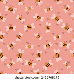 Seamless pattern with bees on color background. Small wasp. Vector illustration. Adorable cartoon character. Template design for invitation, cards, textile, fabric. Doodle style.