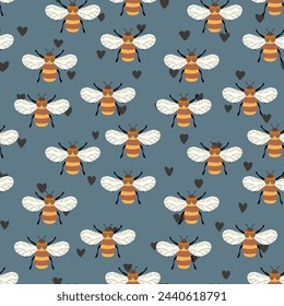 Seamless pattern with bees on color background. Small wasp. Vector illustration. Adorable cartoon character. Template design for invitation, cards, textile, fabric. Doodle style.