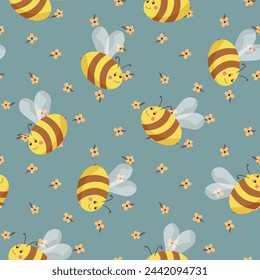 Patrón sin fisuras con abejas sobre fondo de color. Avispa pequeña. Ilustración vectorial. Adorable personaje de dibujos animados. Diseño de plantilla para invitación, tarjetas, textil, tela. Estilo Doodle.