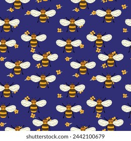 Seamless pattern with bees on color background. Small wasp. Vector illustration. Adorable cartoon character. Template design for invitation, cards, textile, fabric. Doodle style.