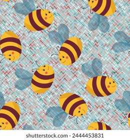Seamless pattern with bees on color background. Small wasp. Vector illustration. Adorable cartoon character. Template design for invitation, cards, textile, fabric. Doodle style.