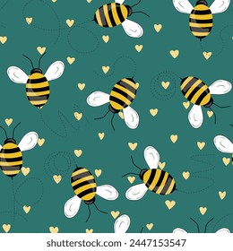 Seamless pattern with bees on color background. Small wasp. Vector illustration. Adorable cartoon character. Template design for invitation, cards, textile, fabric. Doodle style.