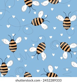 Seamless pattern with bees on color background. Small wasp. Vector illustration. Adorable cartoon character. Template design for invitation, cards, textile, fabric. Doodle style.