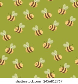 Seamless pattern with bees on color background. Small wasp. Vector illustration. Adorable cartoon character. Template design for invitation, cards, textile, fabric. Doodle style.