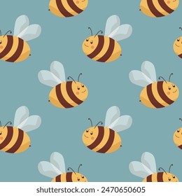 Patrón sin fisuras con abejas sobre fondo de color. Pequeña avispa. Ilustración vectorial. Adorable personaje de dibujos animados. Diseño de Plantilla para invitación, tarjetas, textil, tela. Estilo Doodle.