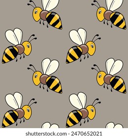 Seamless pattern with bees on color background. Small wasp. Vector illustration. Adorable cartoon character. Template design for invitation, cards, textile, fabric. Doodle style.