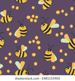 Patrón sin fisuras con abejas sobre fondo de color. Pequeña avispa. Ilustración vectorial. Adorable personaje de dibujos animados. Diseño de Plantilla para invitación, tarjetas, textil, tela. Estilo Doodle.