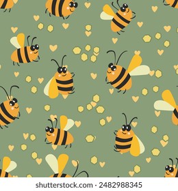 Patrón sin fisuras con abejas sobre fondo de color. Pequeña avispa. Ilustración vectorial. Adorable personaje de dibujos animados. Diseño de Plantilla para invitación, tarjetas, textil, tela. Estilo Doodle.