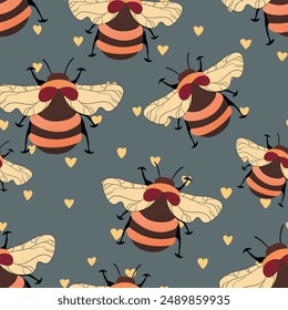 Patrón sin fisuras con abejas sobre fondo de color. Pequeña avispa. Ilustración vectorial. Adorable personaje de dibujos animados. Diseño de Plantilla para invitación, tarjetas, textil, tela. Estilo Doodle.