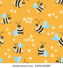 Patrón sin fisuras con abejas sobre fondo de color. Pequeña avispa. Ilustración vectorial. Adorable personaje de dibujos animados. Diseño de Plantilla para invitación, tarjetas, textil, tela. Estilo Doodle.