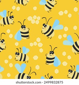 Patrón sin fisuras con abejas sobre fondo de color. Pequeña avispa. Ilustración vectorial. Adorable personaje de dibujos animados. Diseño de Plantilla para invitación, tarjetas, textil, tela. Estilo Doodle.