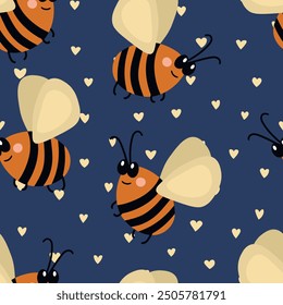 Patrón sin fisuras con abejas sobre fondo de color. Pequeña avispa. Ilustración vectorial. Adorable personaje de dibujos animados. Diseño de Plantilla para invitación, tarjetas, textil, tela. Estilo Doodle.