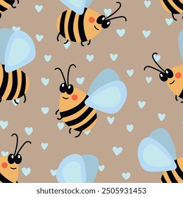 Patrón sin fisuras con abejas sobre fondo de color. Pequeña avispa. Ilustración vectorial. Adorable personaje de dibujos animados. Diseño de Plantilla para invitación, tarjetas, textil, tela. Estilo Doodle.