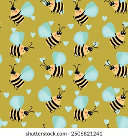 Patrón sin fisuras con abejas sobre fondo de color. Pequeña avispa. Ilustración vectorial. Adorable personaje de dibujos animados. Diseño de Plantilla para invitación, tarjetas, textil, tela. Estilo Doodle.