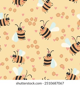 Patrón sin fisuras con abejas sobre fondo de color. Pequeña avispa. Ilustración vectorial. Adorable personaje de dibujos animados. Diseño de Plantilla para invitación, tarjetas, textil, tela. Estilo Doodle.