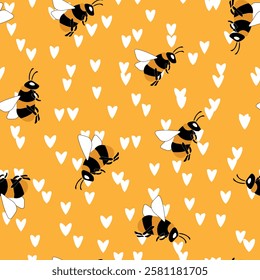 Seamless pattern with bees on color background. Small wasp. Vector illustration. Adorable cartoon character. Template design for invitation, cards, textile, fabric. Doodle style.