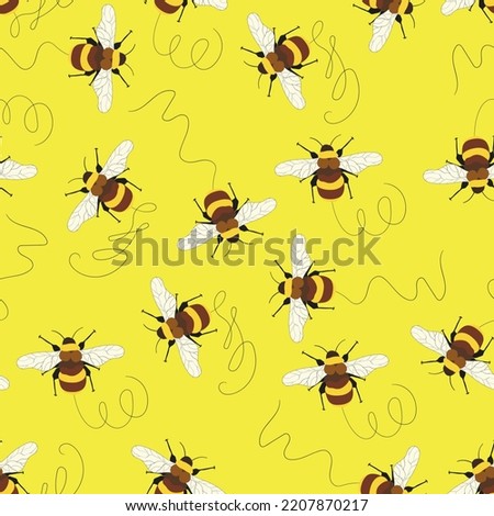 Seamless pattern with bees on color background. Small wasp. Vector illustration. Adorable cartoon character. Template design for invitation, cards, textile, fabric. Doodle style.