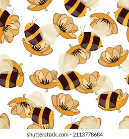 Seamless pattern with bees on floral background. Small wasp. Vector illustration. Adorable cartoon character. Template design for invitation, cards, textile, fabric. Doodle style.