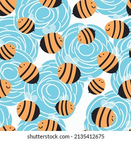 Seamless pattern with bees on floral background. Small wasp. Vector illustration. Adorable cartoon character. Template design for invitation, cards, textile, fabric. Doodle style.