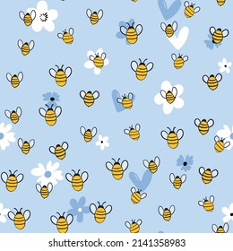 Seamless pattern with bees on floral background. Small wasp. Vector illustration. Adorable cartoon character. Template design for invitation, cards, textile, fabric. Doodle style.