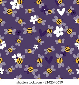 Seamless pattern with bees on floral background. Small wasp. Vector illustration. Adorable cartoon character. Template design for invitation, cards, textile, fabric. Doodle style.