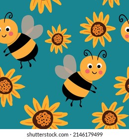 Seamless pattern with bees on floral background. Small wasp. Vector illustration. Adorable cartoon character. Design for invitation, cards, textile, fabric. Doodle style.