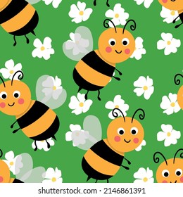 Seamless pattern with bees on floral background. Small wasp. Vector illustration. Adorable cartoon character. Design for invitation, cards, textile, fabric. Doodle style.