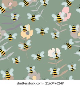 Seamless pattern with bees on floral background. Small wasp. Vector illustration. Adorable cartoon character. Template design for invitation, cards, textile, fabric. Doodle style.