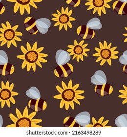 Seamless pattern with bees on floral background. Small wasp. Vector illustration. Adorable cartoon character. Template design for invitation, cards, textile, fabric. Doodle style.